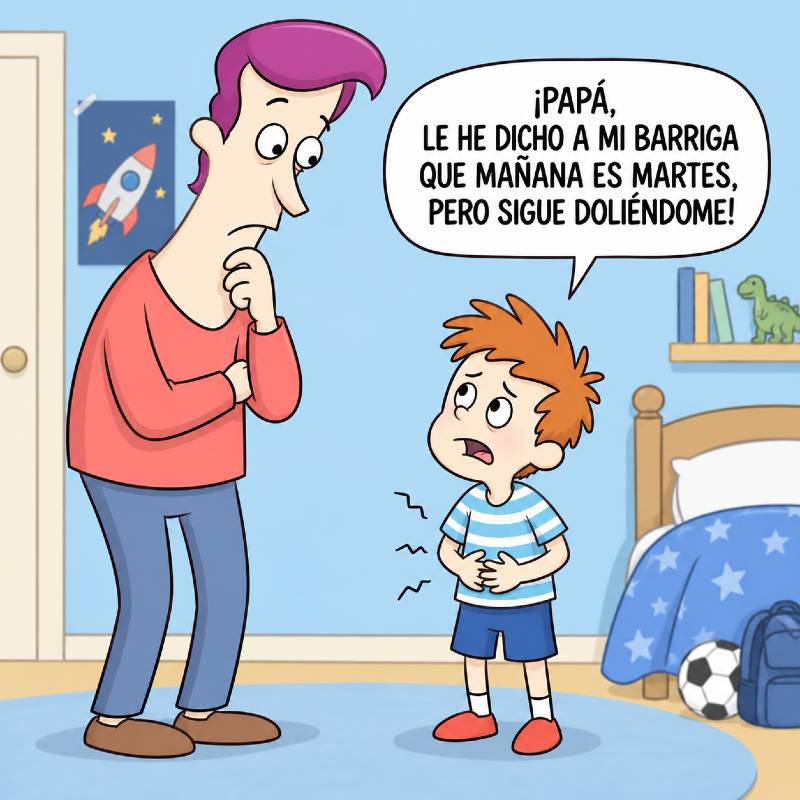 Niño con dolor de barriga hablando con su padre