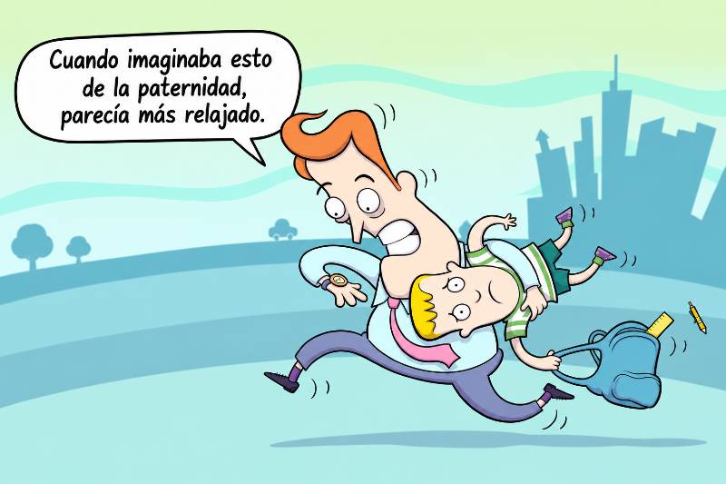Padre corre con su hijo para llevarlo al colegio