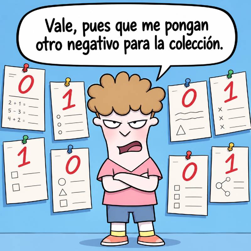 Niño que añade la nota de cero a su colección de suspensos